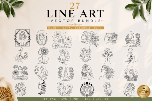 Download 27 Women Floral Line Art Bundle - Premium Bundle